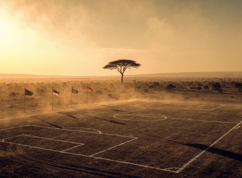 Uwanja wa mpira uliochorwa kwenye uwanda wa Serengeti wakati wa machweo, mgunga mmoja upeo wa macho