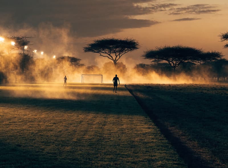 Uwanja wa mpira wenye taa kali wakati wa machweo ya Serengeti, vumbi la dhahabu likiningin ia hewani